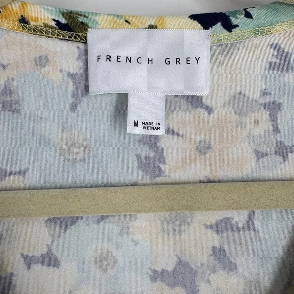 French Grey Dress Yellow/ Green Floral V Neck Tie Waist Short Sleeve- Med - Picture 2 of 6